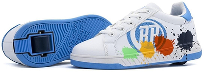 The Breezy Rollers Splash Shoes in White/Light Blue feature a patented wheel system, colorful paint splatters, and a bold “RR” logo on the side.