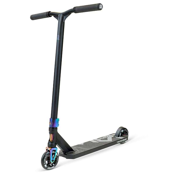 The Madd Gear MG 5 Axion Complete Stunt Scooter in Black/Neochrome features a wide handlebar, black grip tape deck, small black wheels, and a metallic neochrome front fork that highlights MGP's action sports innovation.