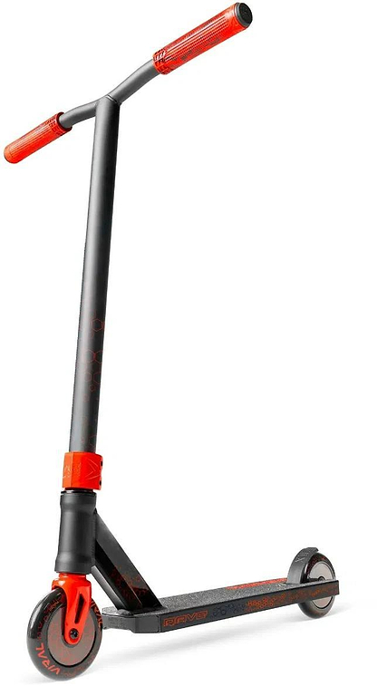 The Madd Gear Viral Rave Complete Stunt Scooter - Inferno by MGP stands upright on a white background, featuring a black and red design—perfect as a kids stunt scooter for tricks.