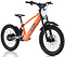 The Revvi 20" Kids Electric Balance Bike in orange features off-road rubber tires, front and rear suspension, a large front fender, black handlebars, hydraulic disc brakes for excellent stopping power, and displays the Revvi brand on the frame against a white background.