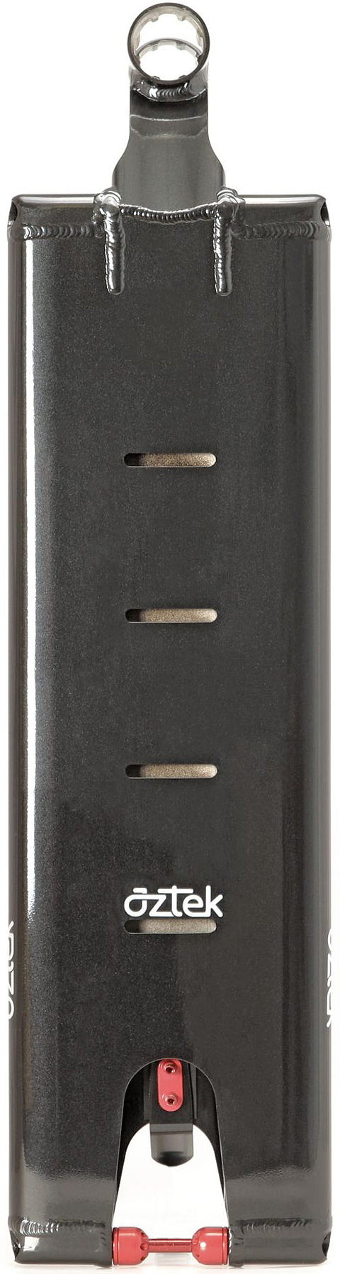 A black, rectangular scuba diving weight belt buckle by Oztek, featuring four horizontal slots, a metal loop at the top, and red accents at the bottom—designed with inspiration from the sleek look of the Aztek Europa 2 Black Magic Stunt Scooter Deck (7″ x 24″).