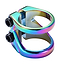 The Blunt Envy Z 2 Bolt Oversized Stunt Scooter Clamp in Oil Slick Neochrome is a vibrant, metallic double clamp with iridescent rainbow hues and two black screws. Designed for scooter bars, it showcases smooth, rounded edges and a reflective finish.