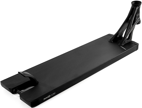 The Ethic DTC Lindworm V4 Black Stunt Scooter Deck, measuring 6.7″ x 22.8″ or 24.4″, is displayed from a low angle on a white background, highlighting its angular edges and integrated head tube.