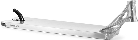 A raw finish Ethic DTC Lindworm V4 stunt scooter deck by Ethic, measuring 6.7″ x 22.8″ / 24.4″, featuring a visible rear brake and an angular, open-frame headtube design at the front right side, photographed on a white background.