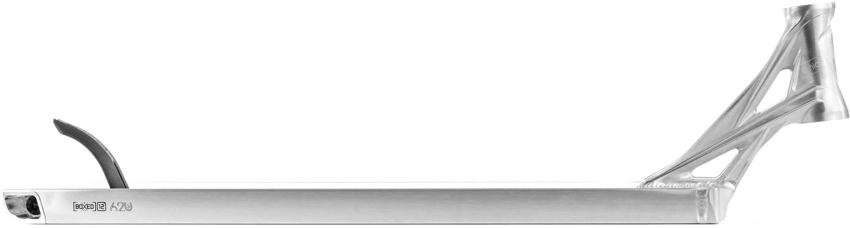 The Ethic DTC Lindworm V4 Raw Stunt Scooter Deck by Ethic, measuring 6.7″ x 22.8″ / 24.4″, features a silver metal finish with an integrated head tube, boxed ends, angled brake, and geometric cutout designs near the front. The deck is shown from the side against a white background.