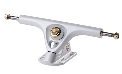 The Paris V3 Pearl White Longboard Trucks, made by Paris, are crafted from a proprietary alloy and boast a sleek design with gold-colored bolts at their center. These trucks feature baseplates with multiple holes for mounting and extend smoothly from left to right with threaded axles on each end, making them perfect for longboards.