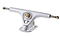 The Paris V3 Pearl White Longboard Trucks, made by Paris, are crafted from a proprietary alloy and boast a sleek design with gold-colored bolts at their center. These trucks feature baseplates with multiple holes for mounting and extend smoothly from left to right with threaded axles on each end, making them perfect for longboards.