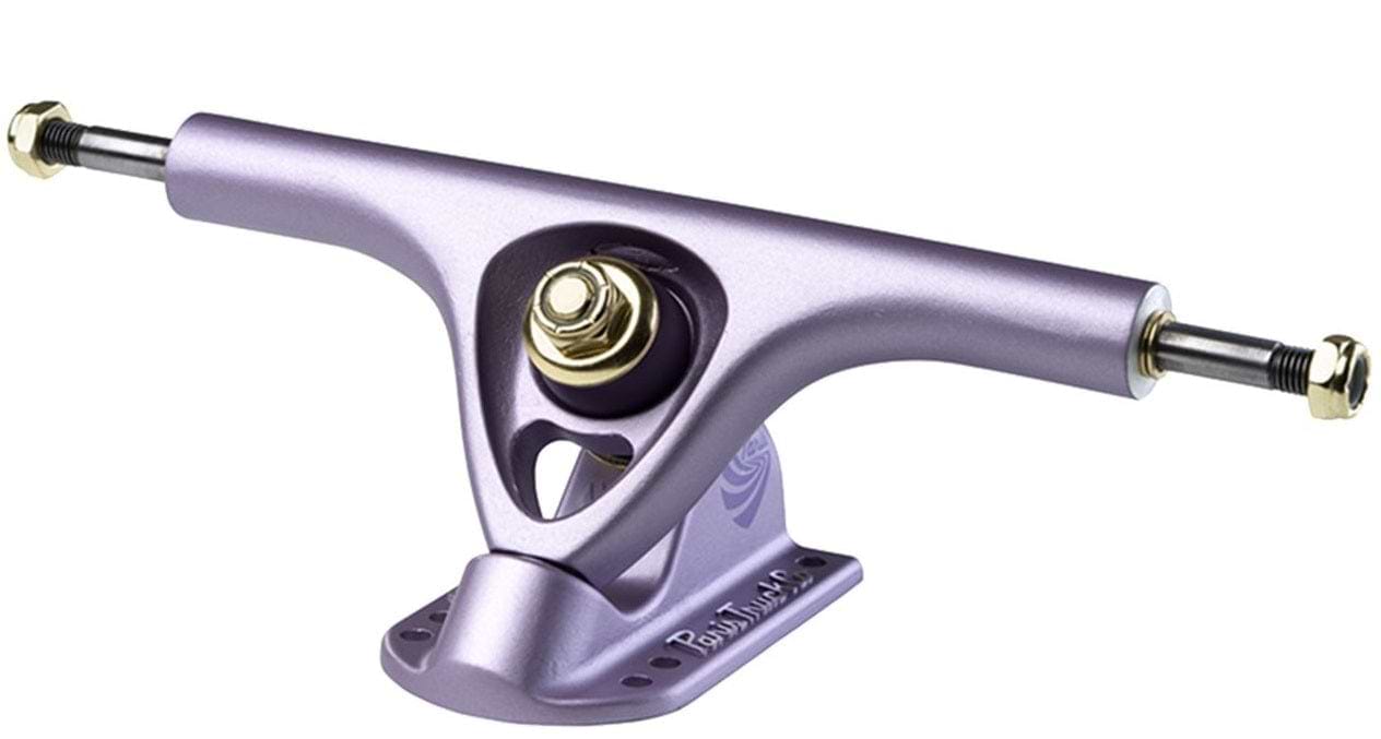 Introducing the Paris V3 Purple Tide Longboard Trucks, featuring a polished metallic finish crafted with proprietary alloy forming. This 180mm skateboard truck includes a central kingpin and comes with two golden bolts on each end for wheel attachment. The baseplate is inspired by the Paris V3 Longboard Trucks design, offering multiple mounting holes for easy deck integration.