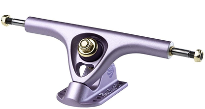 Introducing the Paris V3 Purple Tide Longboard Trucks, featuring a polished metallic finish crafted with proprietary alloy forming. This 180mm skateboard truck includes a central kingpin and comes with two golden bolts on each end for wheel attachment. The baseplate is inspired by the Paris V3 Longboard Trucks design, offering multiple mounting holes for easy deck integration.