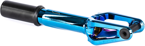 The Ethic DTC Merrow V3 8/12STD IHC Stunt Scooter Fork in blue by Ethic, featuring a black axle and tube, designed for 12STD stunt scooters, is shown lying on a white background.