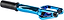 The Ethic DTC Merrow V3 8/12STD IHC Stunt Scooter Fork in blue by Ethic, featuring a black axle and tube, designed for 12STD stunt scooters, is shown lying on a white background.
