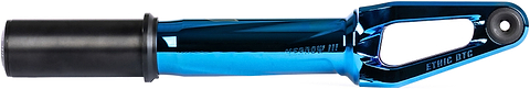 The Ethic DTC Merrow V3 8/12STD IHC Stunt Scooter Forks in blue feature a shiny finish with a black cylindrical section on one end and an open cutout design with an axle hole on the other, making them ideal for riders seeking high-performance 12STD fork setups from Ethic.