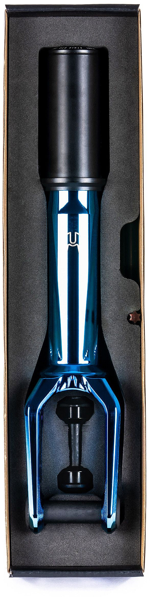 The Ethic DTC Merrow V3 8/12STD IHC Stunt Scooter Forks in blue, by Ethic, feature a sleek metallic blue and black design similar to other high-performance stunt scooter forks, include a cylindrical handle, and are securely packaged in a foam-lined box.