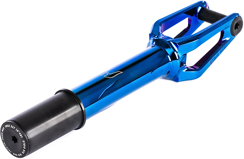 An Ethic DTC Merrow V3 8/12STD HIC Stunt Scooter Fork in chrome blue, featuring a black axle bolt and a cylindrical 12STD fork attachment at the bottom. This freestyle or stunt scooter fork by Ethic is displayed against a white background.