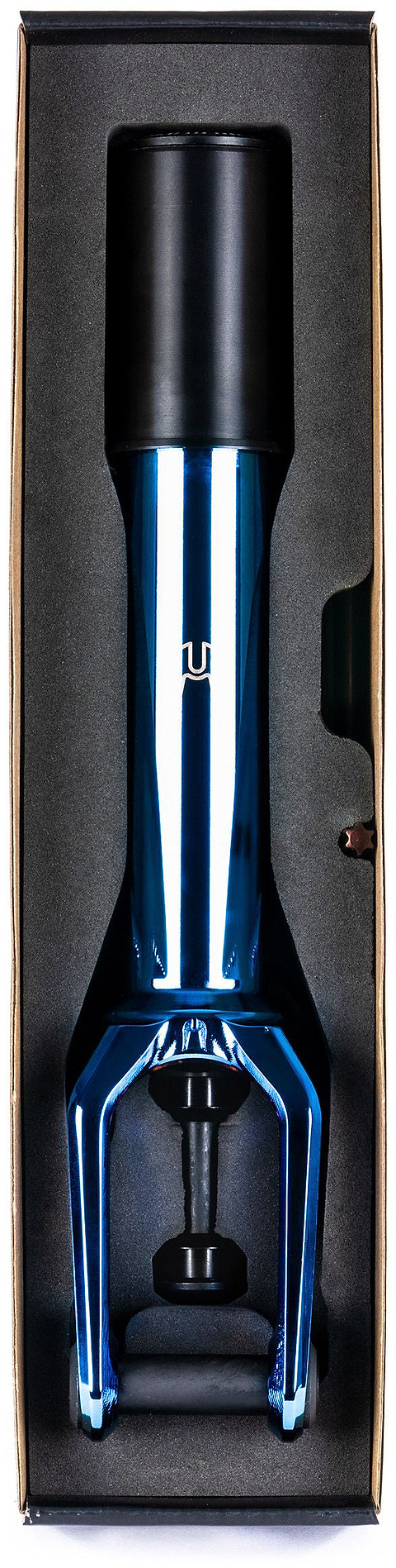 A chrome blue handheld massage gun with a black top, resting in a custom black foam case inside a box—its sleek design is reminiscent of the precision engineering found in Ethic’s Merrow V3 8/12STD HIC stunt scooter forks.