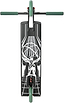 A satin black Aztek Fountain 2026 Complete Stunt Scooter deck viewed from above, showcasing a white geometric illustration of a muscular figure holding a sphere with bold, dynamic lines that create a futuristic background—perfect for your next Aztek stunt scooter setup.