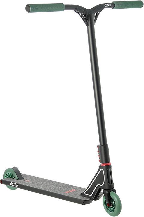 The Aztek Fountain 2026 Complete Stunt Scooter in Satin Black features a T-bar handle, green handle grips, two green wheels, and a non-slip deck—perfectly designed by Aztek for performing tricks and stunts.