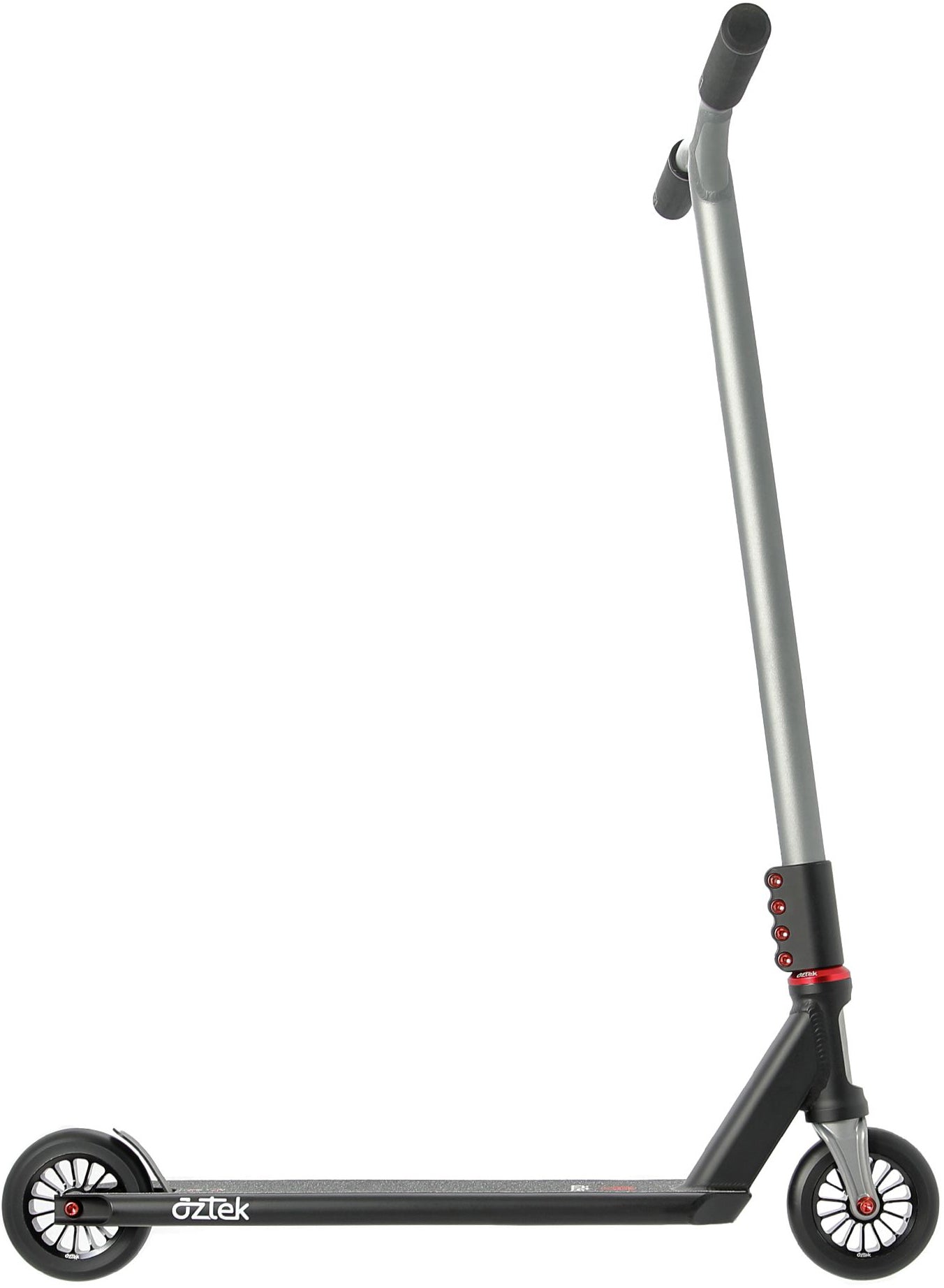 A black and gray Aztek Corsa 2026 Complete Stunt Scooter - Satin Black, featuring red accents, two wheels, and a straight handlebar, is displayed against a white background. This lightweight stunt scooter by Aztek is ideal for park scooter enthusiasts and riders who value both style and performance.