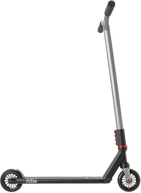 A black and gray Aztek Corsa 2026 Complete Stunt Scooter - Satin Black, featuring red accents, two wheels, and a straight handlebar, is displayed against a white background. This lightweight stunt scooter by Aztek is ideal for park scooter enthusiasts and riders who value both style and performance.