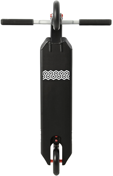 Top-down view of the Aztek Corsa 2026 Complete Stunt Scooter in Satin Black, showcasing its lightweight build, visible handlebars and wheels, and distinctive white geometric design on the deck—ideal for riders aiming to park their scooter or perform tricks.