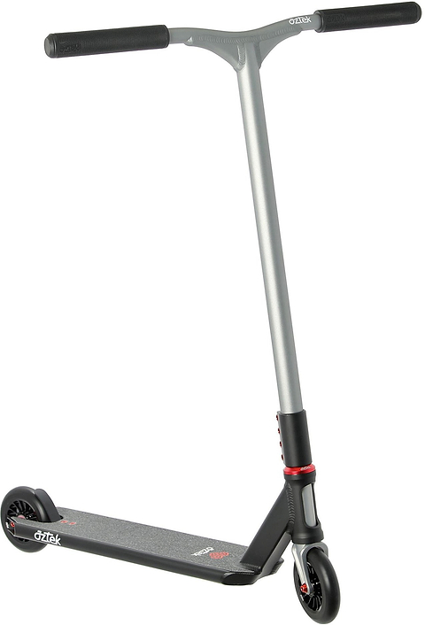 A lightweight stunt scooter, the Aztek Corsa 2026 Complete Stunt Scooter - Satin Black by Aztek boasts a sleek satin black design with a T-bar handle, black grip tape on the deck, and eye-catching red accents on the wheels and clamp—ideal for park scooter enthusiasts looking for both style and top-tier performance.