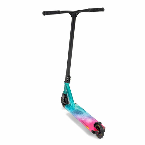 The Slamm Mischief Complete Stunt Scooter - Nebula by Slamm showcases 110mm wheels and a stylish black T-bar handle. Its deck features a Nebula Wrap gradient design in vibrant teal, pink, and purple hues for an impressive ride.