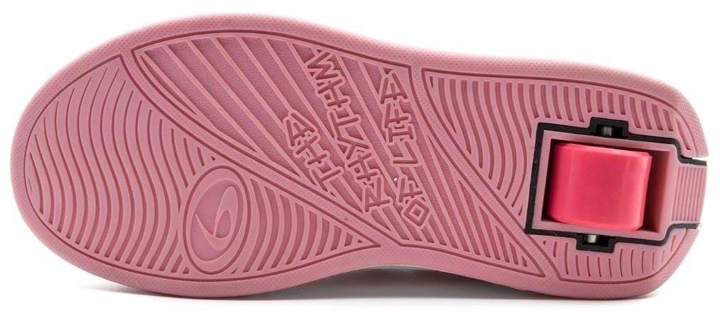 The image shows the pink sole of Breezy Rollers Star Shoes by Breezy Rollers, featuring a patented retractable wheel in the heel and various bottom patterns and text.