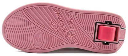 The image shows the pink sole of Breezy Rollers Star Shoes by Breezy Rollers, featuring a patented retractable wheel in the heel and various bottom patterns and text.