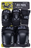 The 187 Killer Pads Six Pack Combo Skate Protection Pad Set - Black provides skaters with superior safety features, including hard-shell caps on the knee, elbow, and wrist pads. The package features a cartoon skater illustration and boldly presents itself as the "Six Pack" pad set for ultimate confidence.