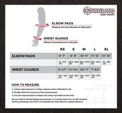 Explore the size chart for the 187 Killer Slim Elbow Skate Protection Pads - Black, showcasing measurements in inches and centimeters for XS to XL elbow pads and wrist guards by 187. Enjoy exceptional comfort with our premium elbow pads. Includes detailed measurement instructions to ensure accurate arm and wrist circumference fitting.