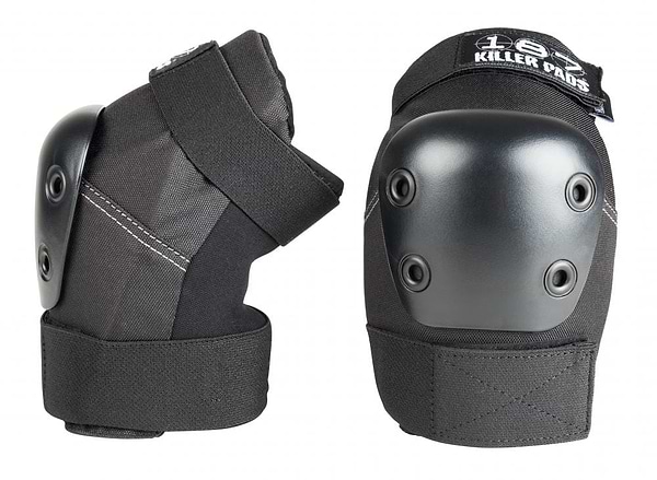 Two black elbow pads with hard gray caps are depicted, crafted for impact protection during activities like skating or biking. Featuring adjustable straps for a secure fit, these pads deliver dependable defensive gear. The brand name, "187," is visible on one of the 187 Killer Pro Elbow Skate Protection Pads models.