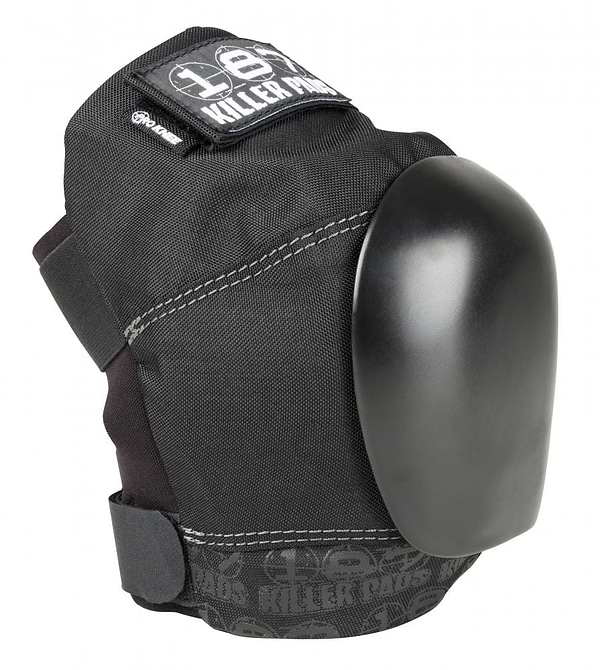 The 187 Killer Pro Knee Skate Protection Pads in black, designed by 187, feature a hard plastic cap and adjustable straps for action sports. With stitched detailing and text reading "Killer Pads" on the front, these pads deliver strong protection against heavy impacts.