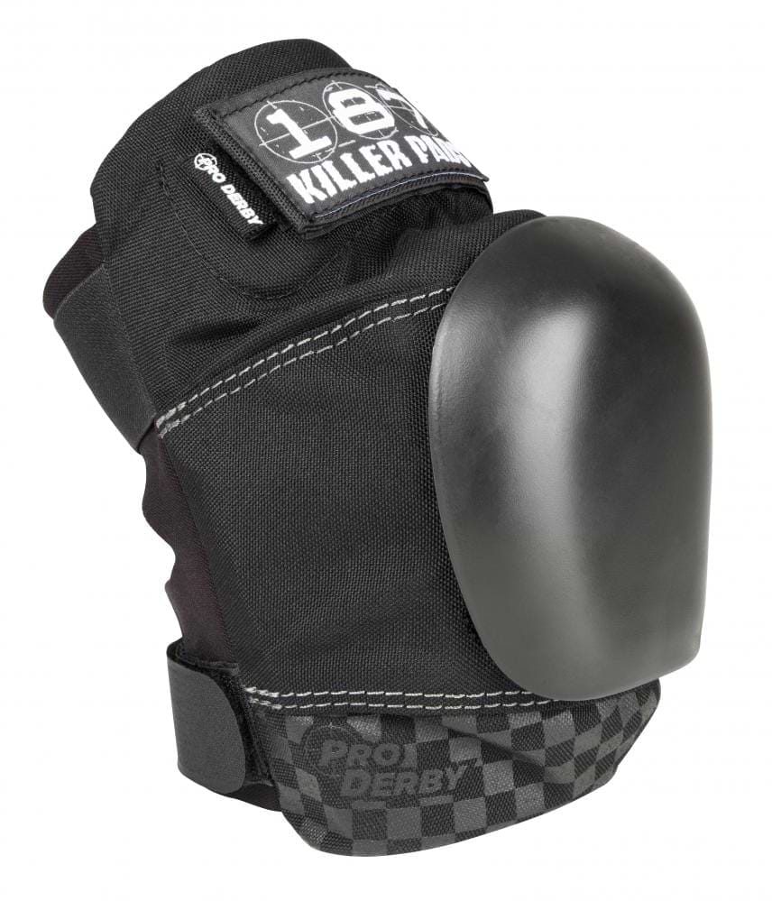 The 187 Killer Pro Derby Knee Protection Pads in black feature a hard protective cap and white stitching. These pads come with V-22™ Dual Density Foam, display the 187 brand text, and have a checkered pattern at the bottom. They are perfect for ensuring safety during activities such as roller derby.