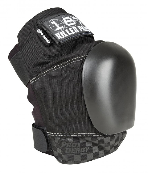 The 187 Killer Pro Derby Knee Protection Pads in black feature a hard protective cap and white stitching. These pads come with V-22™ Dual Density Foam, display the 187 brand text, and have a checkered pattern at the bottom. They are perfect for ensuring safety during activities such as roller derby.