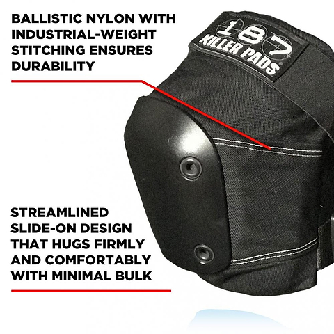 Close-up of a black 187 Killer Slim Knee Skate Protection Pad crafted from ballistic nylon with industrial-weight stitching. This pad features a streamlined, slide-on design for a snug fit and incorporates a memory foam system. The brand name "187" is visible on the fabric.