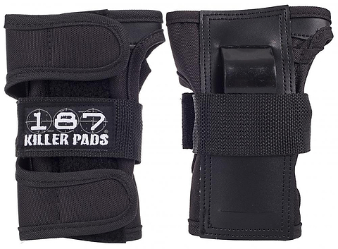 The 187 Killer Wrist Guards Skate Protection in black are constructed with a reinforced design, featuring adjustable straps and proudly displaying the "187" logo. These durable wrist guards provide excellent protection during skateboarding activities.