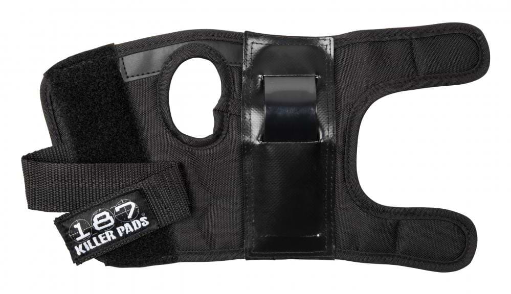 The 187 Killer Wrist Guards Skate Protection - Black offers durable wrist support with a thumb hole and adjustable Velcro straps for maximum protection. The straps feature the "187" logo, underscoring its high quality. Crafted from robust materials with reinforced plastic, these guards deliver enhanced security.