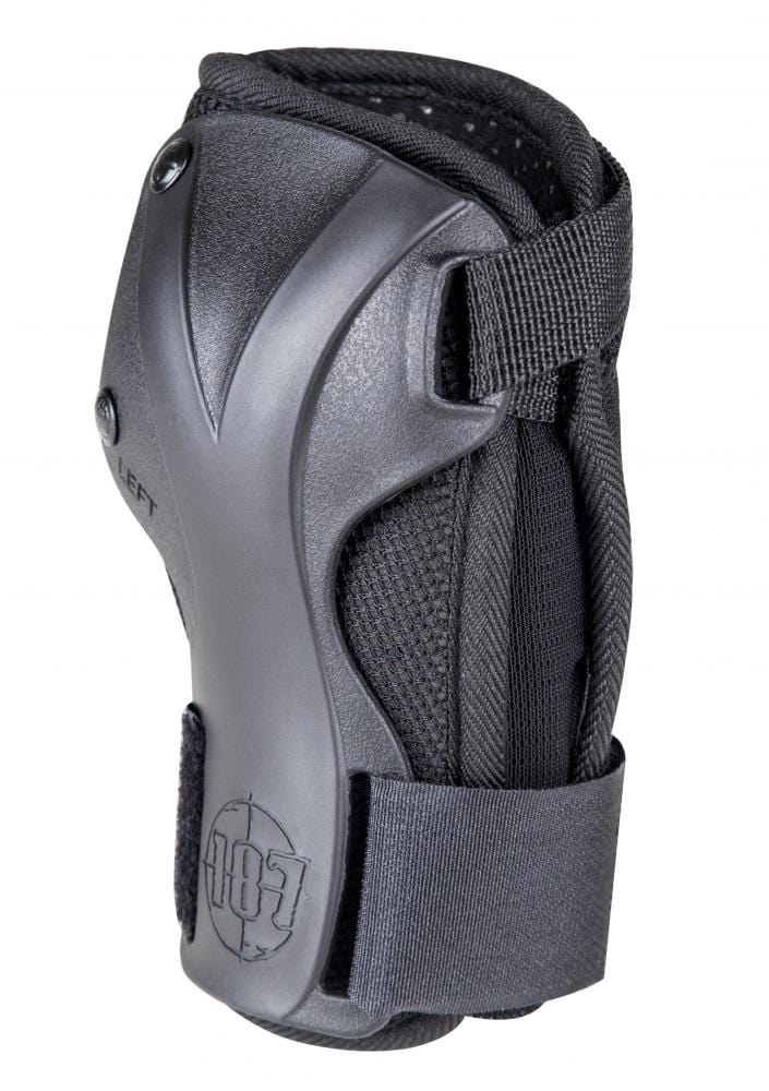 Introducing the 187 Killer Derby Wrist Guards in black, designed for skateboarding and sports safety. These guards feature a hard protective plate, an adjustable strap, and a padded interior for enhanced comfort. The brand logo "187" is prominently displayed on the lower part of the guard.