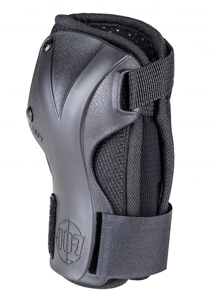 Introducing the 187 Killer Derby Wrist Guards in black, designed for skateboarding and sports safety. These guards feature a hard protective plate, an adjustable strap, and a padded interior for enhanced comfort. The brand logo "187" is prominently displayed on the lower part of the guard.