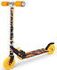 The Ozbozz Nebulus Foldable Kids Kick Scooter in neon orange features an adjustable handlebar, orange wheels and grips, rear foot brake, and "NEBULA" displayed on the deck and stem. Shown unfolded and ready to ride.