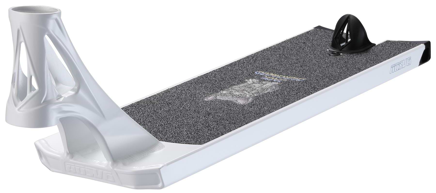 The Blunt Envy AOS V6 Jack Churchward Signature Stunt Scooter Deck, 6" x 22", features a silver finish, textured black grip, angled headtube, rear brake, and durable Extech extrusion for enhanced control and performance.