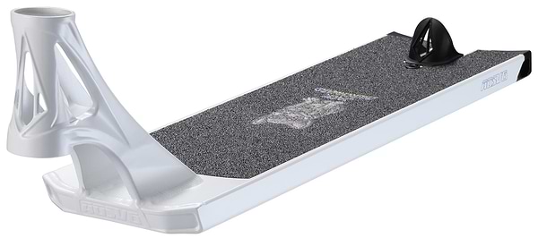 The Blunt Envy AOS V6 Jack Churchward Signature Stunt Scooter Deck, 6" x 22", features a silver finish, textured black grip, angled headtube, rear brake, and durable Extech extrusion for enhanced control and performance.