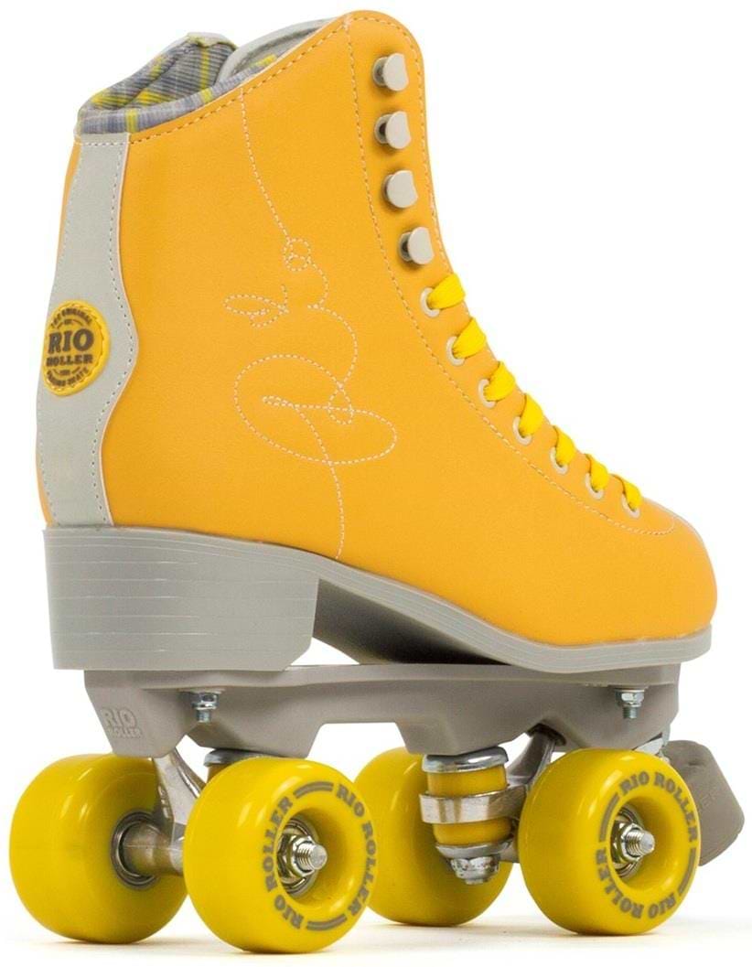 The Rio Roller Signature Quad Roller Skates - Yellow, by Rio Roller, showcase a vibrant bright orange boot with yellow wheels and laces. White stitching and a gray sole add comfort, while the heel sports a brown and orange logo patch. These skates are vegan-friendly and stylish.
