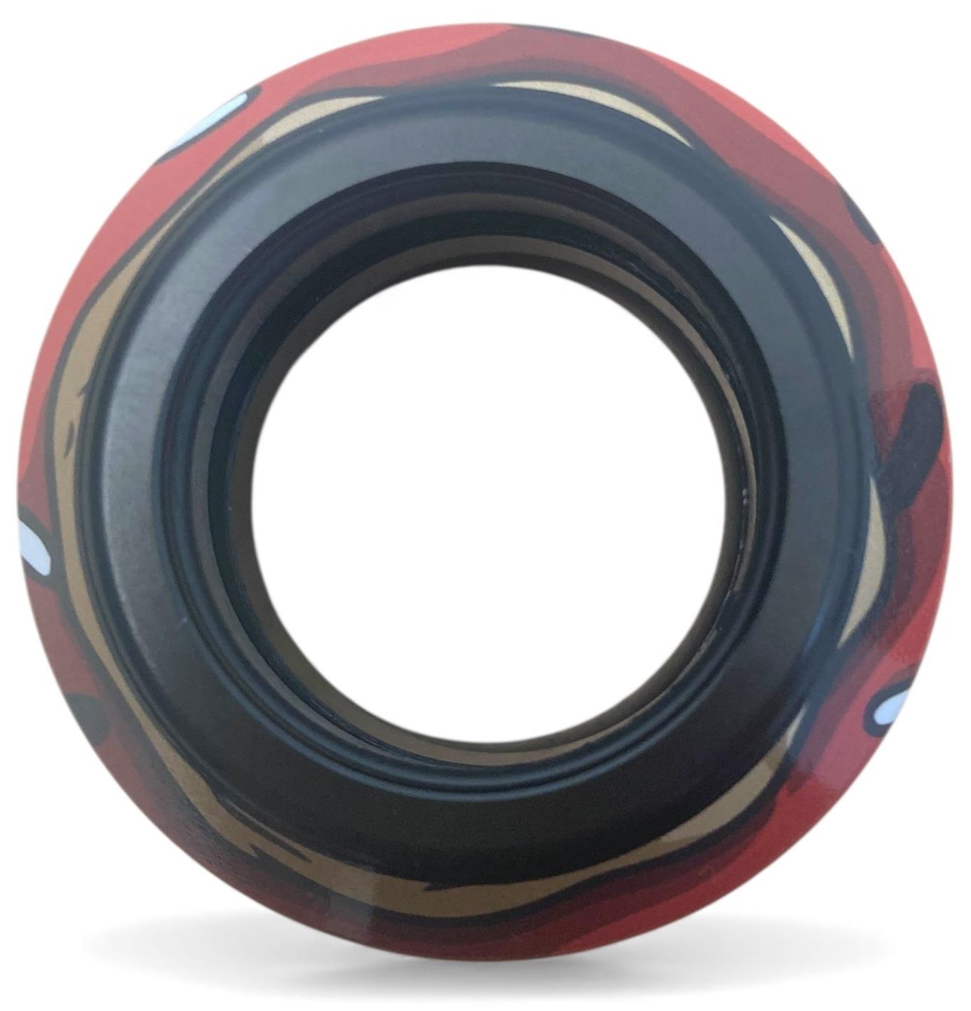 A close-up of the Chubby Doughnut Integrated Stunt Scooter Headset in black and red by Chubby, featuring a round shape, hollow black core, and sealed bearings, photographed on a white background.