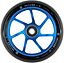The Ethic DTC Incube V2 110mm Stunt Scooter Wheel in blue by Ethic features a blue and black metal design with eight spokes, and "INCUBE-II 110x24 88A" printed around its outer edge.
