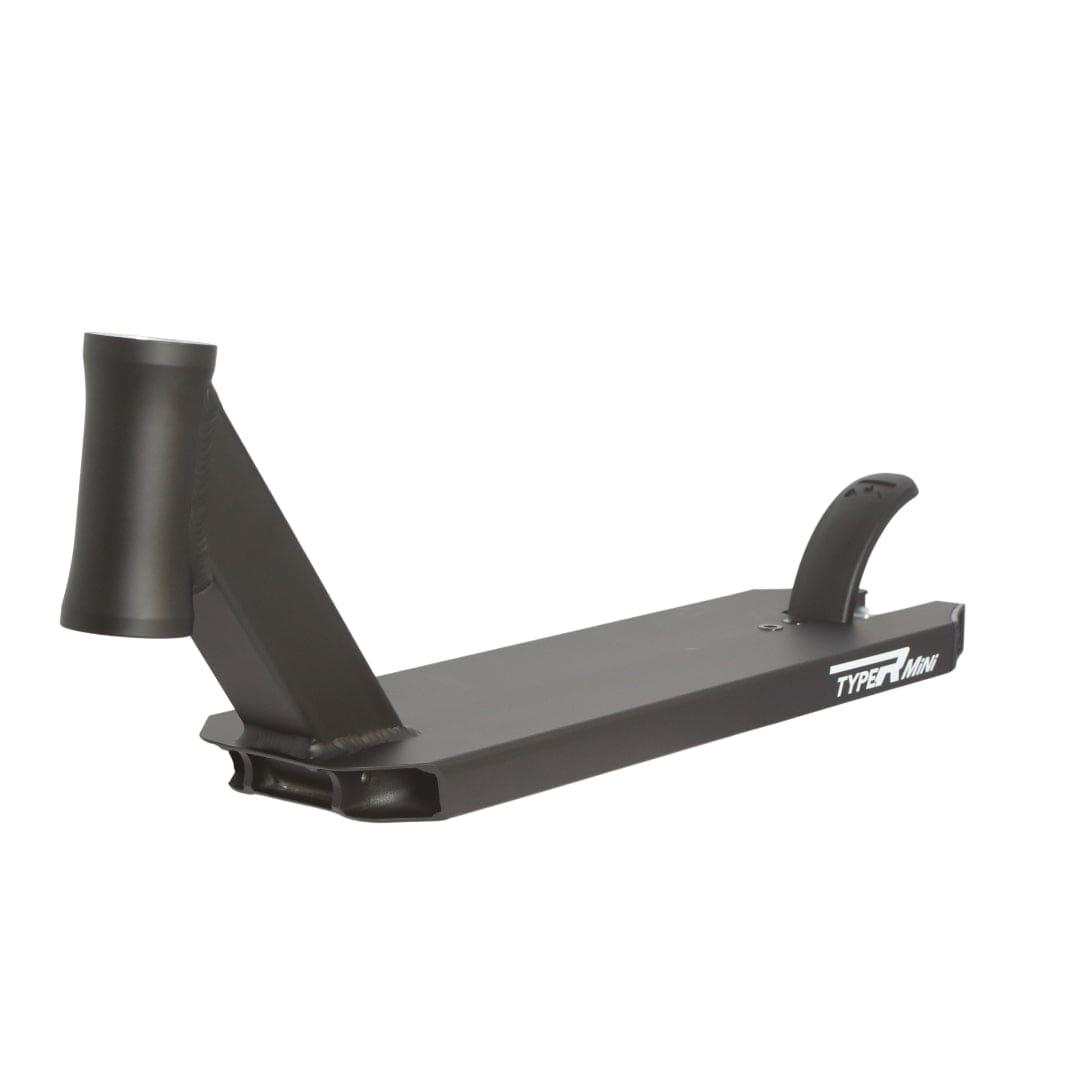The Root Industries Type R Mini Black Stunt Scooter Deck offers a sleek and minimalist design with a wide 4.7" x 17.5" footplate and a rounded head tube for handlebars. Renowned for its performance and agility, this deck includes a rear brake attachment and is marked "Type R Mini" on the side.