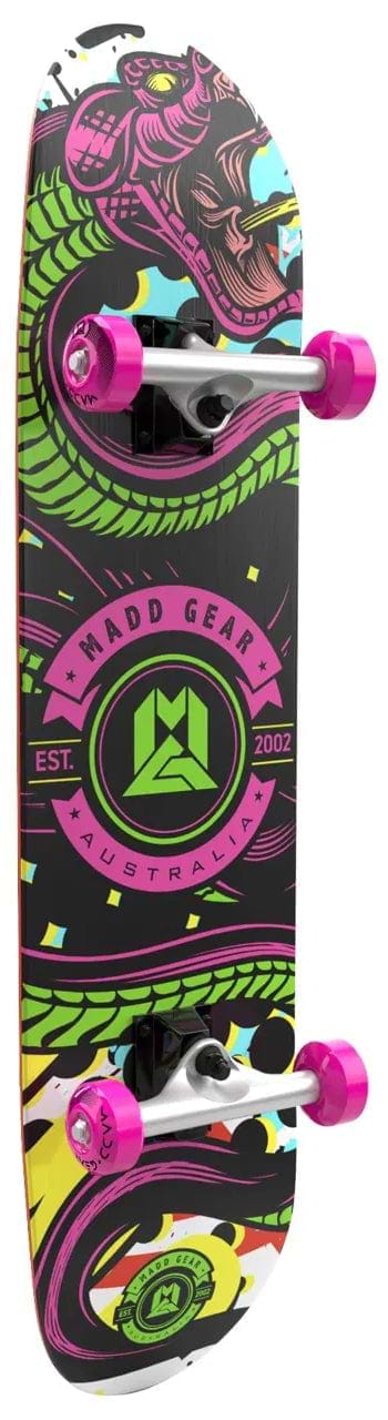 The Madd Gear MGP Pro Series KONDA LE Complete Skateboard (8" x 31") features bold pink wheels, a serpent and geometric design, and displays "Madd Gear Australia EST. 2002" in pink and green on a black background—perfect for beginners.