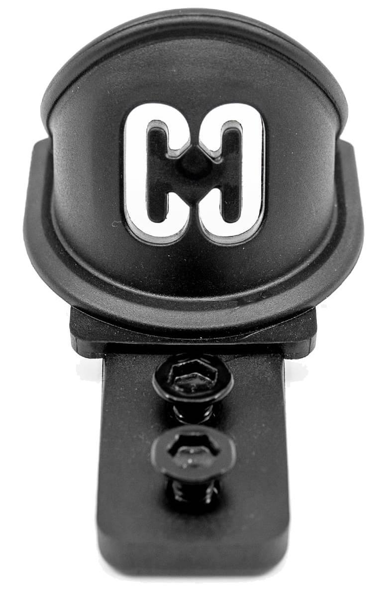 The CORE ST Nylon Stunt Scooter Fender - Black is a black plastic clip with two screws, a raised rounded top, and a bold white "CH" logo. Designed by CORE, it attaches to stunt scooters for added protection.