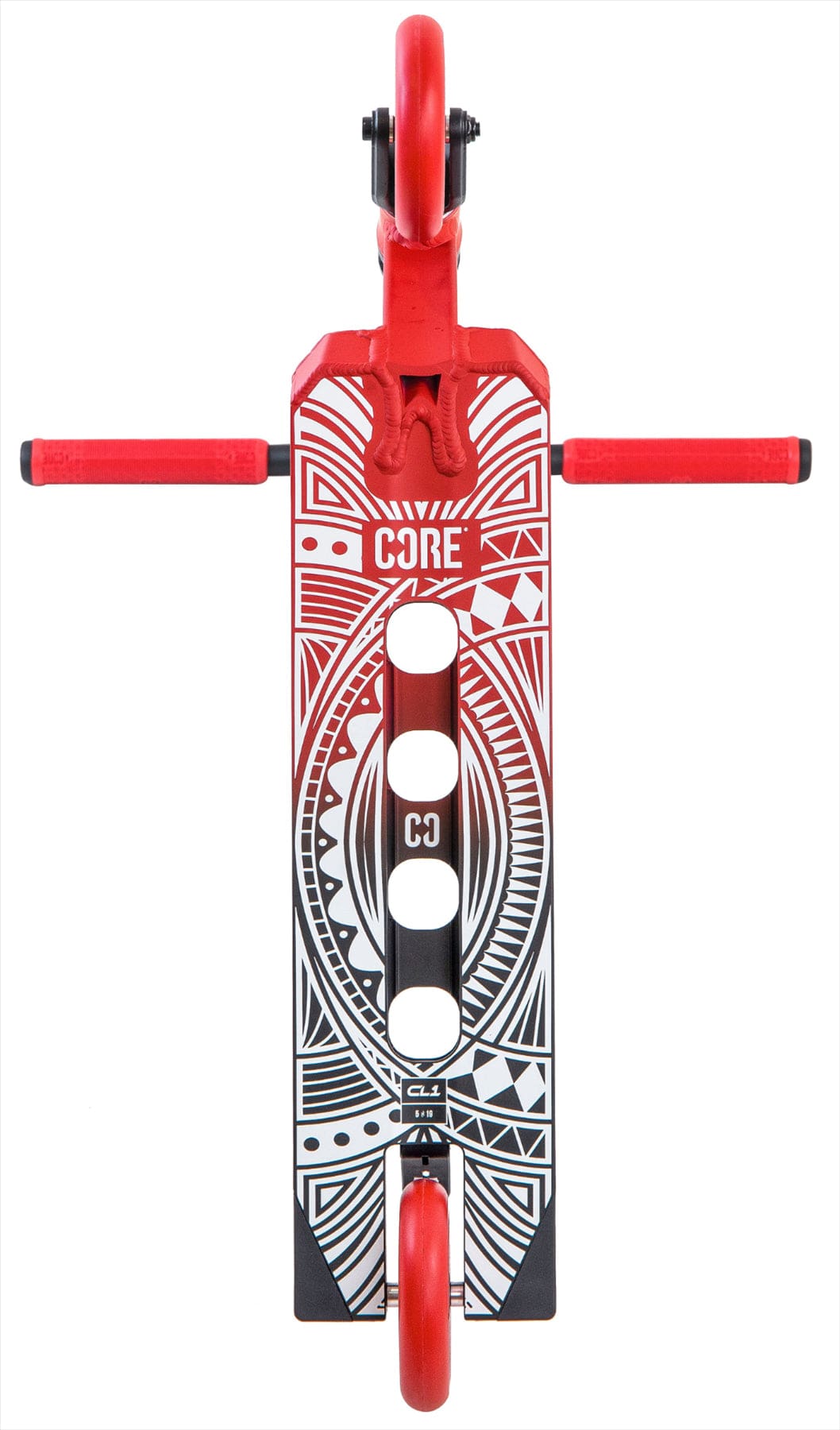 The CORE CL1 Complete Stunt Scooter - Black / Red LE by CORE features striking black and red design, white geometric patterns, "CORE" branding on the deck, two wheels, and red handlebars—ideal for skatepark tricks.