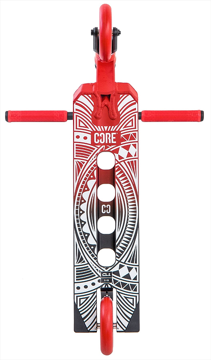 The CORE CL1 Complete Stunt Scooter - Black / Red LE by CORE features striking black and red design, white geometric patterns, "CORE" branding on the deck, two wheels, and red handlebars—ideal for skatepark tricks.